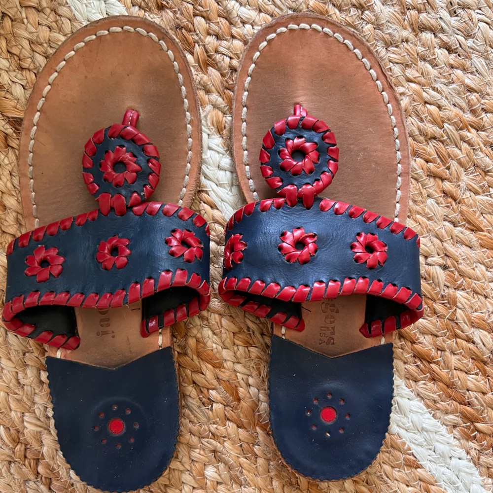 Little girls red and navy blue jack Rogers Navajo sandals, hardly worn size 1